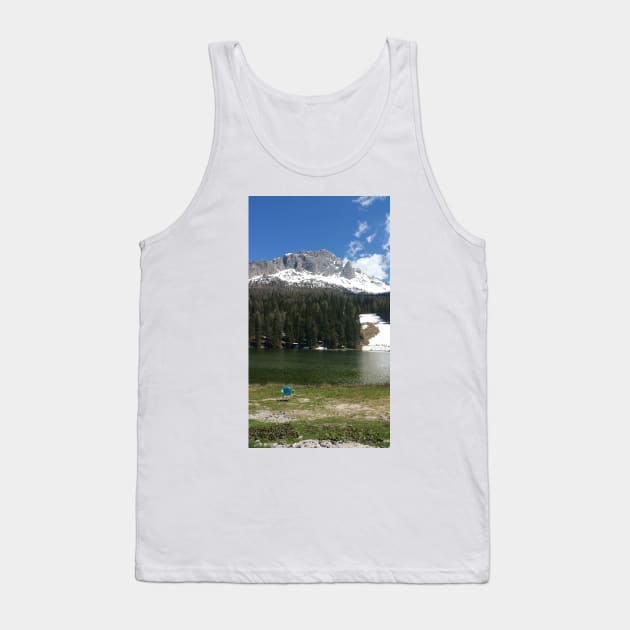 The fabulous alpine lake of Misurina in the Dolomites. Lovely and relaxing place in the Italian Alps. Chair on the shore. Reflections in the rippled water. Sunny spring day. Tank Top by fabbroni-art